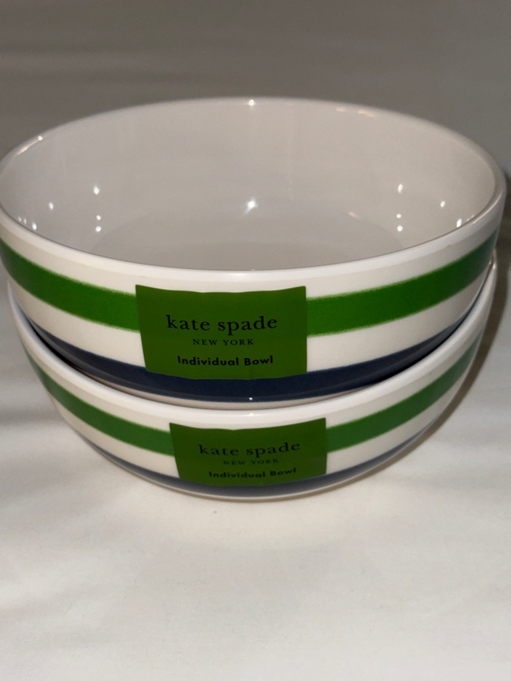 kate spade striped melamine individual bowls in green, navy and white